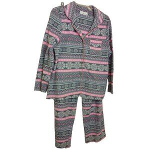 Karen Neuburger KN Women Sz L Pink Gray Pajamas Set 2 Pc Button LS #Z-20